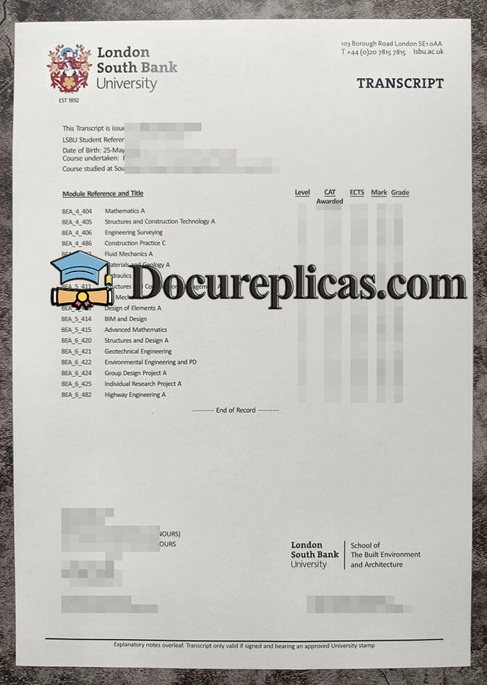 purchase realistic London South Bank University Transcript