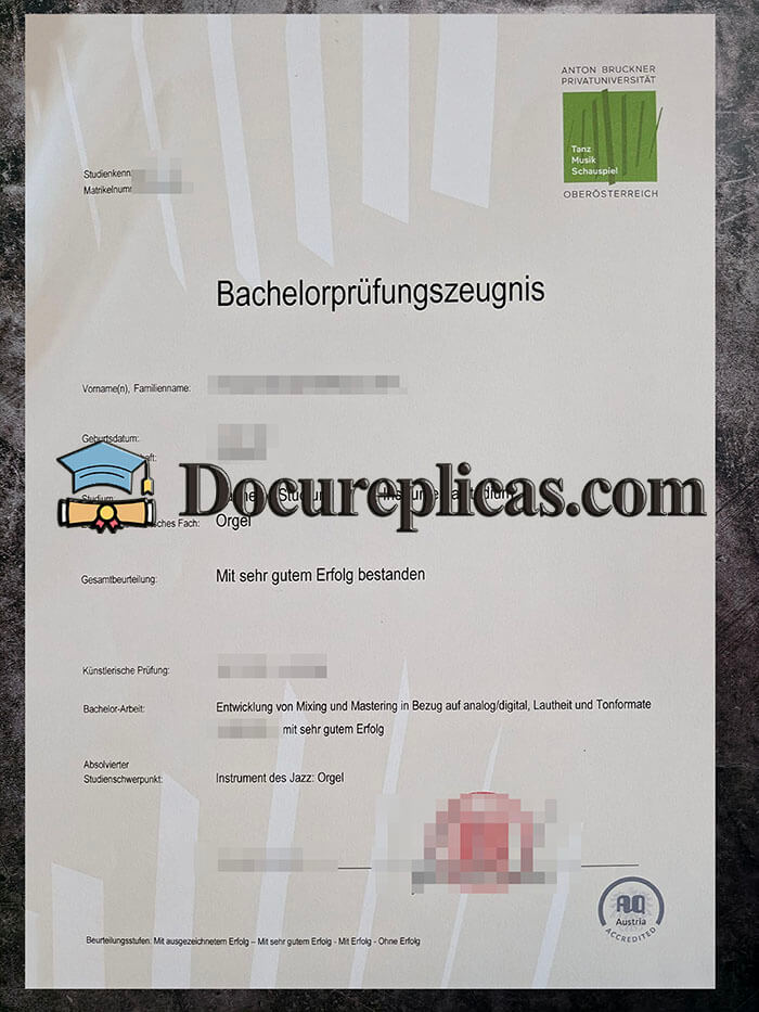purchase realistic Anton Bruckner Privatuniversität Urkunde