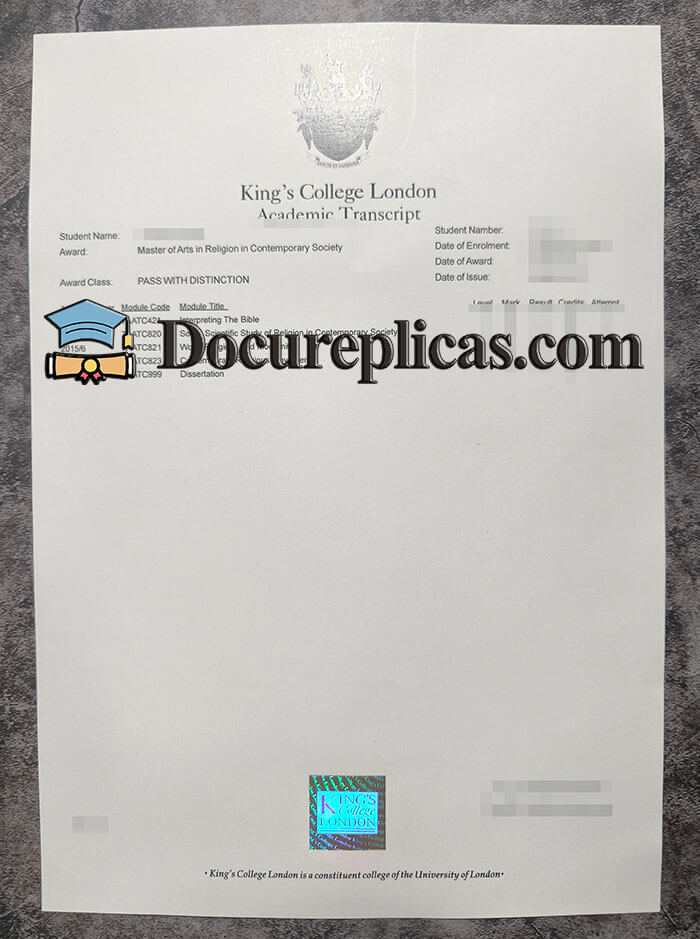 purchase realistic King's College London Transcript