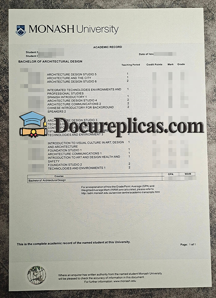 purchase realistic Monash University Transcript