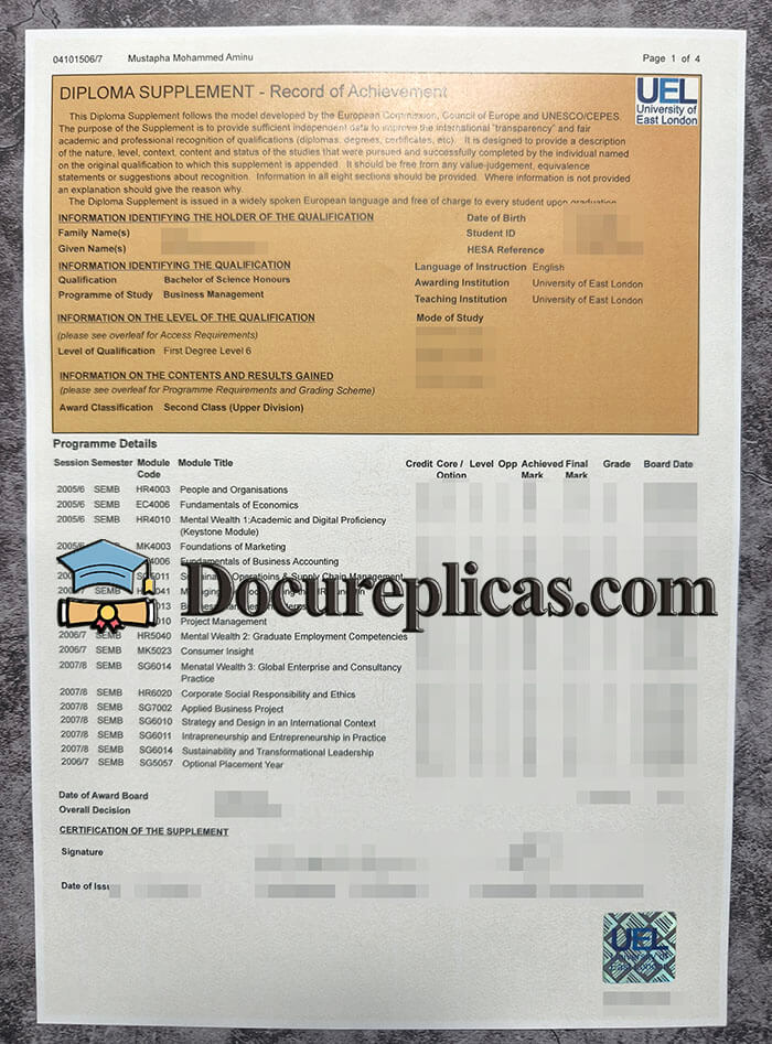 purchase realistic University of East London Transcript