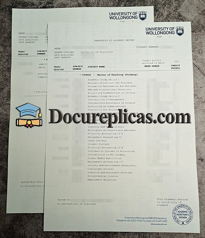 purchase realistic University of Wollongong Transcript