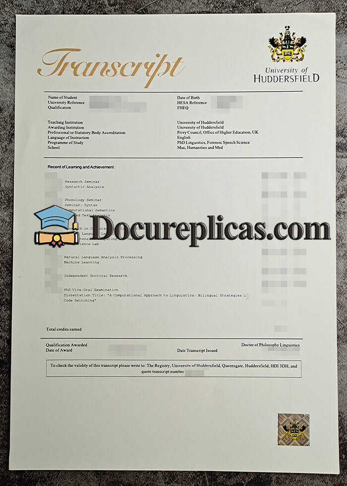 purchase realistic University of Huddersfield Transcript